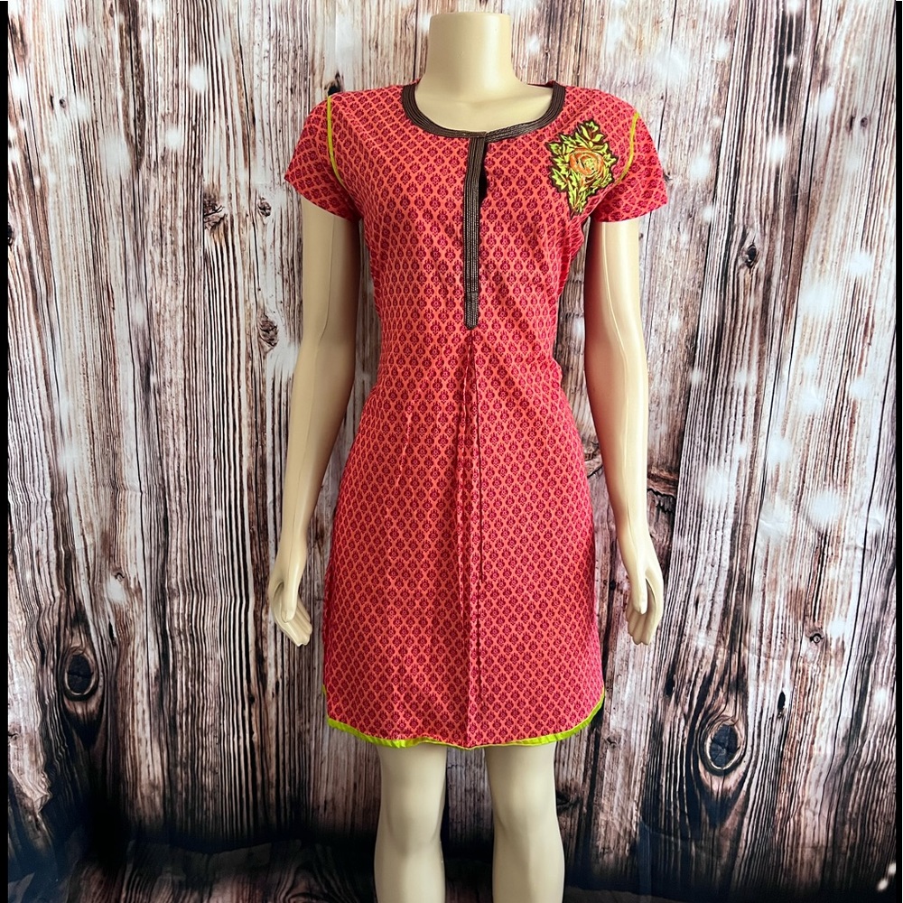 Satya Women’s Short Sleeve Orange Floral Indian Cotton Dress Size L Large